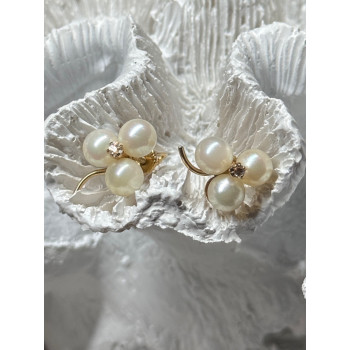 10K YELLOW GOLD PEARLS & DIAMONDS EARRINGS LENGTH 0.5 INCH