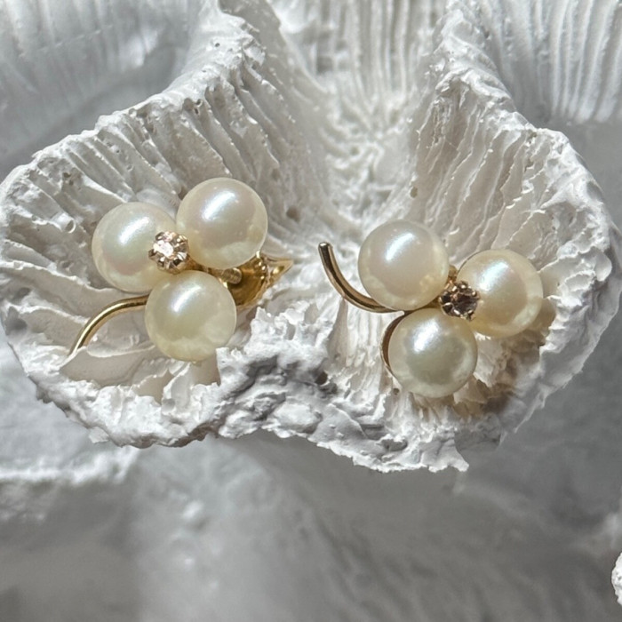 10K Yellow Gold Pearls & Diamonds Earrings Length 0.5 Inch