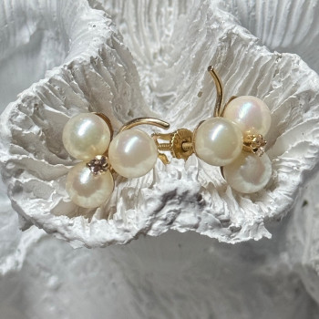 10K Yellow Gold Pearls & Diamonds Earrings Length 0.5 Inch