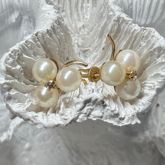 10K Yellow Gold Pearls & Diamonds Earrings Length 0.5 Inch