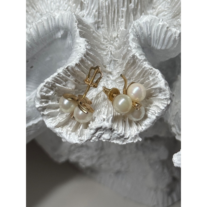 10K YELLOW GOLD PEARLS & DIAMONDS EARRINGS LENGTH 0.5 INCH