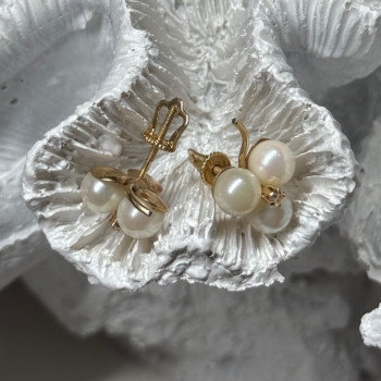 10K Yellow Gold Pearls & Diamonds Earrings Length 0.5 Inch