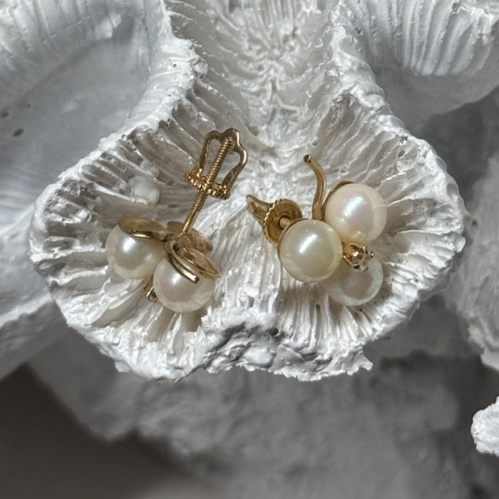 10K Yellow Gold Pearls & Diamonds Earrings Length 0.5 Inch