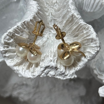 10K Yellow Gold Pearls & Diamonds Earrings Length 0.5 Inch