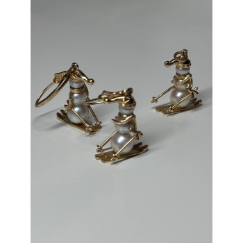 14K YELLOW GOLD PEARLS EARRINGS & PENDANT SKIING SNOWMENS ON SKIS