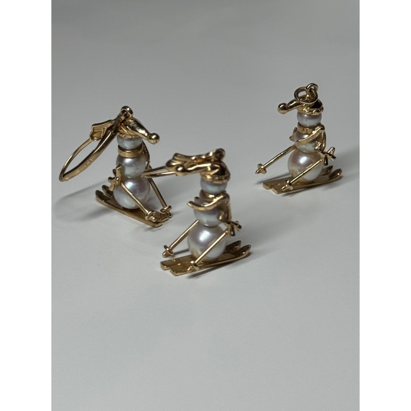 14K YELLOW GOLD PEARLS EARRINGS & PENDANT SKIING SNOWMENS ON SKIS