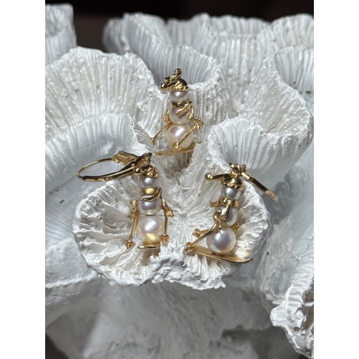 14K YELLOW GOLD PEARLS EARRINGS & PENDANT SKIING SNOWMENS ON SKIS
