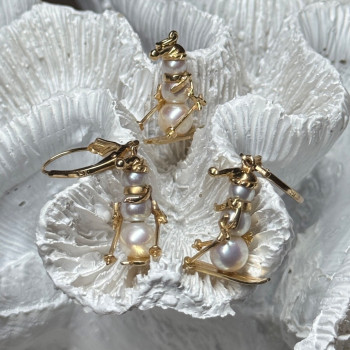 14K Yellow Gold Pearls Earrings & Pendant Skiing Snowmens ON Skis