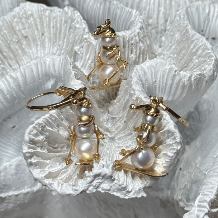 14K Yellow Gold Pearls Earrings & Pendant Skiing Snowmens ON Skis