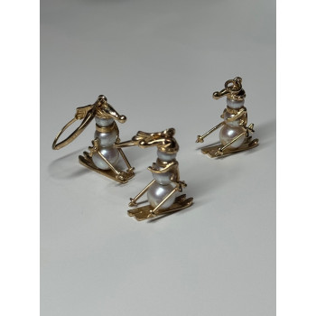 14K YELLOW GOLD PEARLS EARRINGS & PENDANT SKIING SNOWMENS ON SKIS