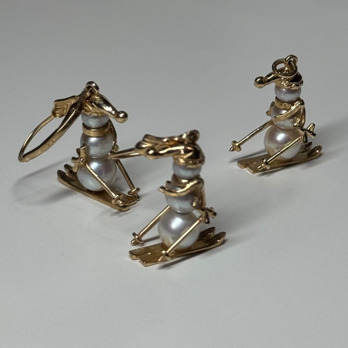 14K Yellow Gold Pearls Earrings & Pendant Skiing Snowmens ON Skis