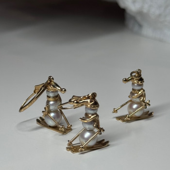 14K Yellow Gold Pearls Earrings & Pendant Skiing Snowmens ON Skis