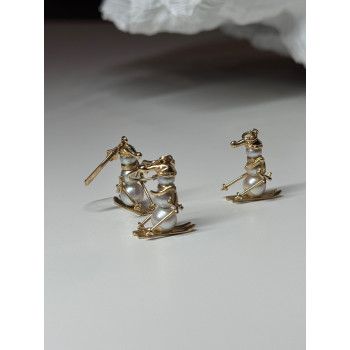 14K YELLOW GOLD PEARLS EARRINGS & PENDANT SKIING SNOWMENS ON SKIS