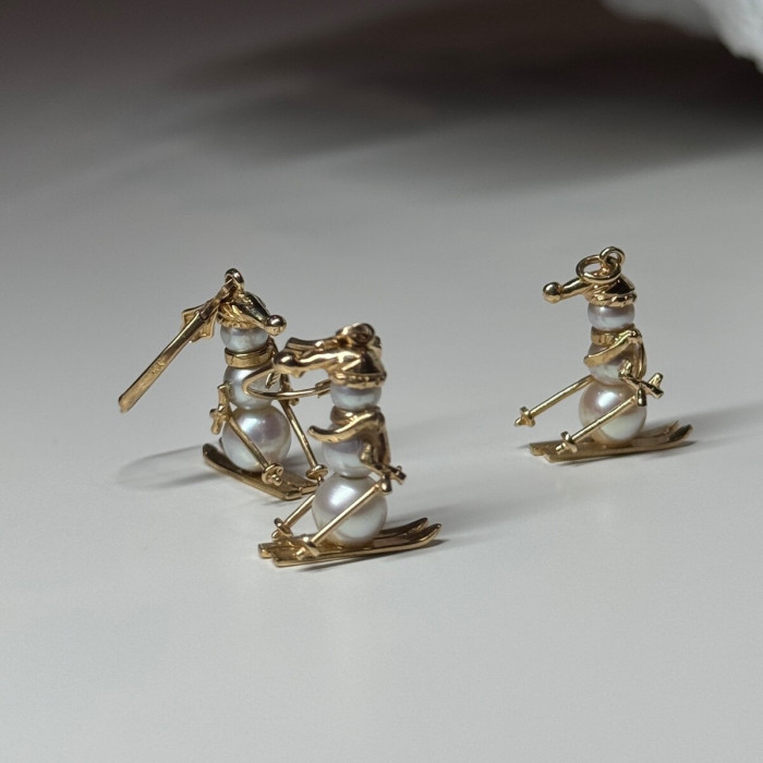 14K Yellow Gold Pearls Earrings & Pendant Skiing Snowmens ON Skis