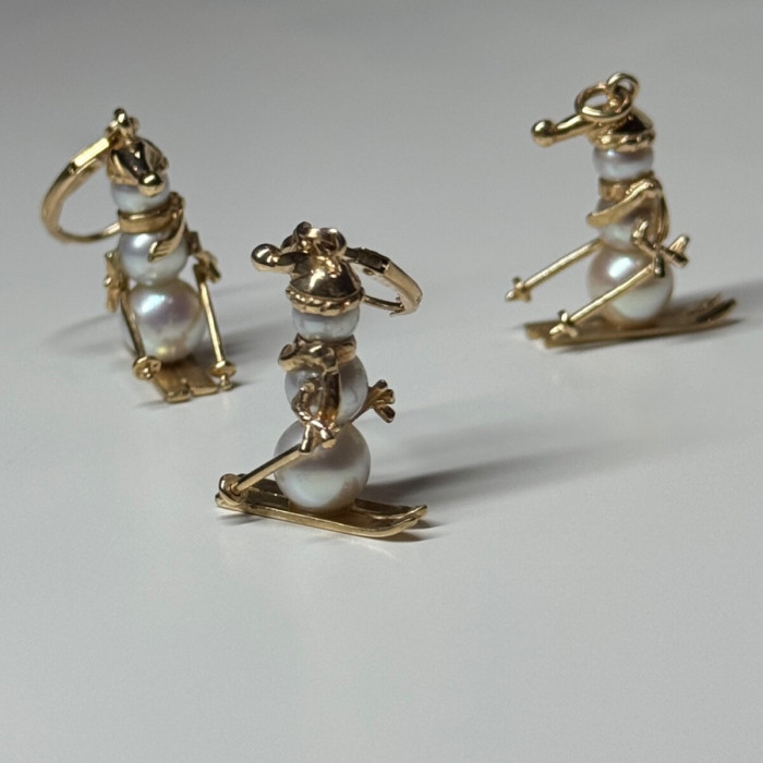 14K Yellow Gold Pearls Earrings & Pendant Skiing Snowmens ON Skis