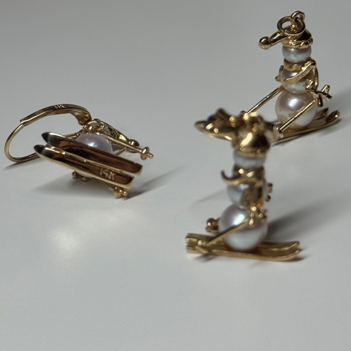 14K Yellow Gold Pearls Earrings & Pendant Skiing Snowmens ON Skis
