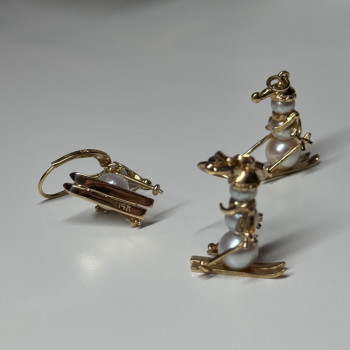 14K Yellow Gold Pearls Earrings & Pendant Skiing Snowmens ON Skis