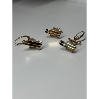 14K YELLOW GOLD PEARLS EARRINGS & PENDANT SKIING SNOWMENS ON SKIS
