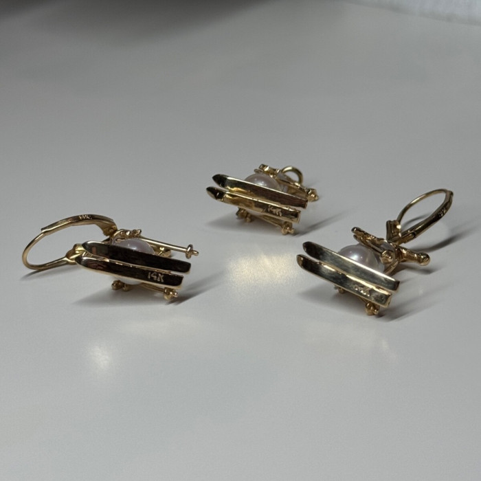14K Yellow Gold Pearls Earrings & Pendant Skiing Snowmens ON Skis