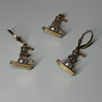 14K Yellow Gold Pearls Earrings & Pendant Skiing Snowmens ON Skis