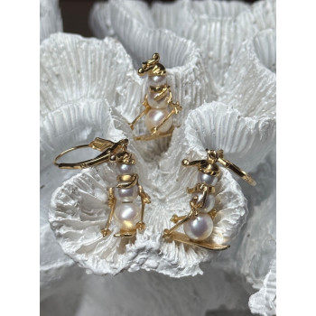 14K YELLOW GOLD PEARLS EARRINGS & PENDANT SKIING SNOWMENS ON SKIS