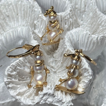 14K Yellow Gold Pearls Earrings & Pendant Skiing Snowmens ON Skis
