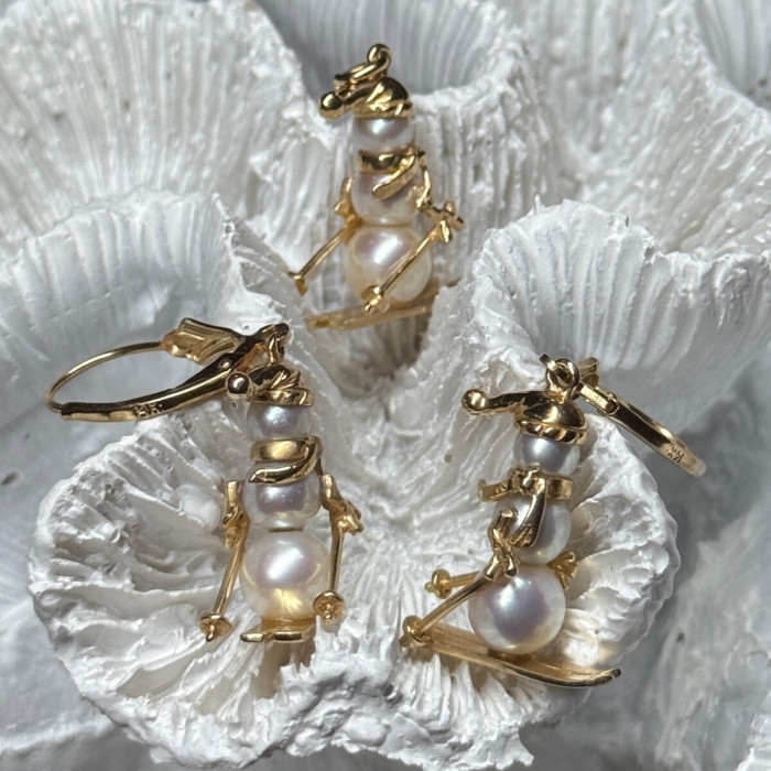14K Yellow Gold Pearls Earrings & Pendant Skiing Snowmens ON Skis