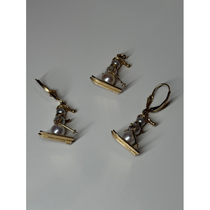 14K YELLOW GOLD PEARLS EARRINGS & PENDANT SKIING SNOWMENS ON SKIS