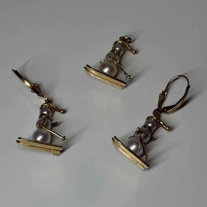 14K Yellow Gold Pearls Earrings & Pendant Skiing Snowmens ON Skis