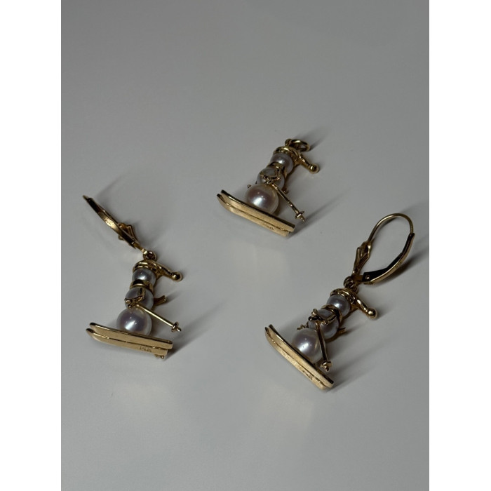 14K YELLOW GOLD PEARLS EARRINGS & PENDANT SKIING SNOWMENS ON SKIS