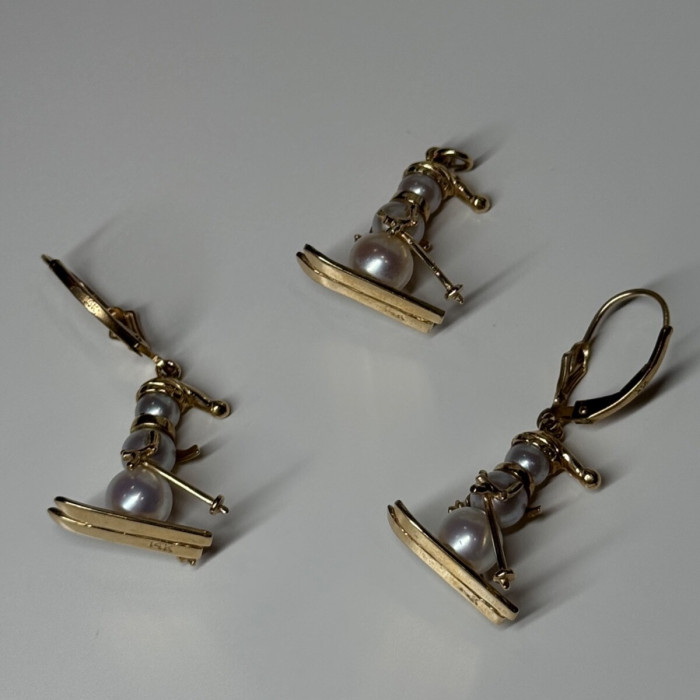 14K Yellow Gold Pearls Earrings & Pendant Skiing Snowmens ON Skis
