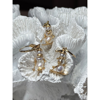 14K YELLOW GOLD PEARLS EARRINGS & PENDANT SKIING SNOWMENS ON SKIS