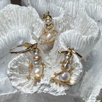 14K Yellow Gold Pearls Earrings & Pendant Skiing Snowmens ON Skis