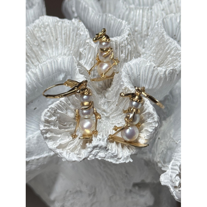 14K YELLOW GOLD PEARLS EARRINGS & PENDANT SKIING SNOWMENS ON SKIS