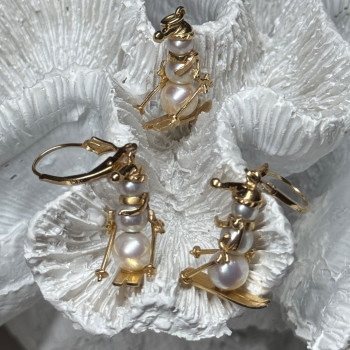 14K Yellow Gold Pearls Earrings & Pendant Skiing Snowmens ON Skis