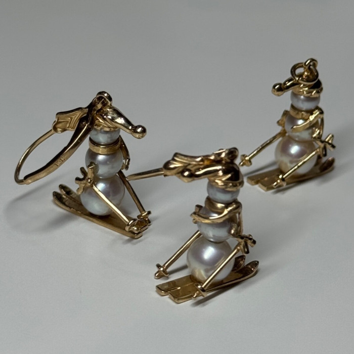 14K Yellow Gold Pearls Earrings & Pendant Skiing Snowmens ON Skis