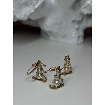 14K YELLOW GOLD PEARLS EARRINGS & PENDANT SKIING SNOWMENS ON SKIS