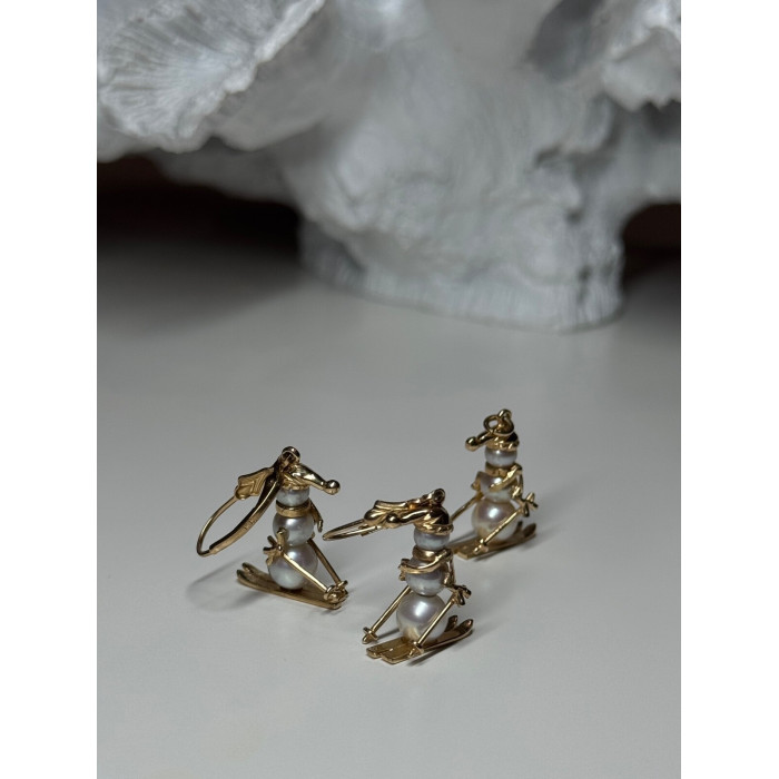 14K YELLOW GOLD PEARLS EARRINGS & PENDANT SKIING SNOWMENS ON SKIS