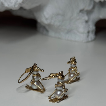 14K Yellow Gold Pearls Earrings & Pendant Skiing Snowmens ON Skis