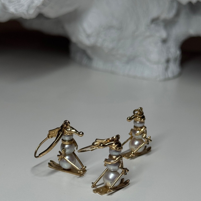 14K Yellow Gold Pearls Earrings & Pendant Skiing Snowmens ON Skis