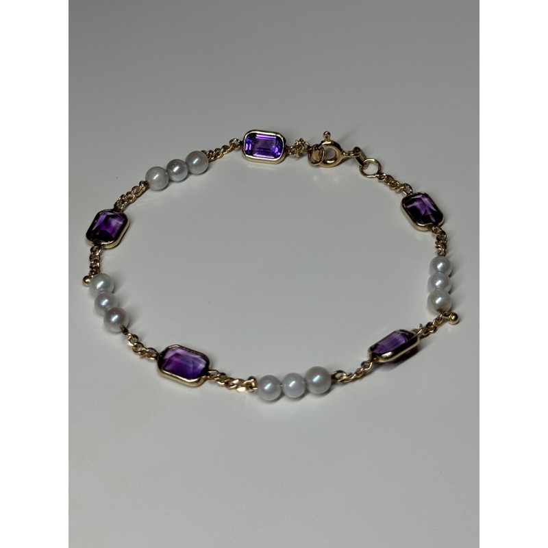 14K YELLOW GOLD AMETHYST & PEARLS BRACELET LENGTH 7