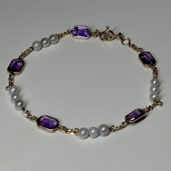 14K Yellow Gold Amethyst & Pearls Bracelet Length 7