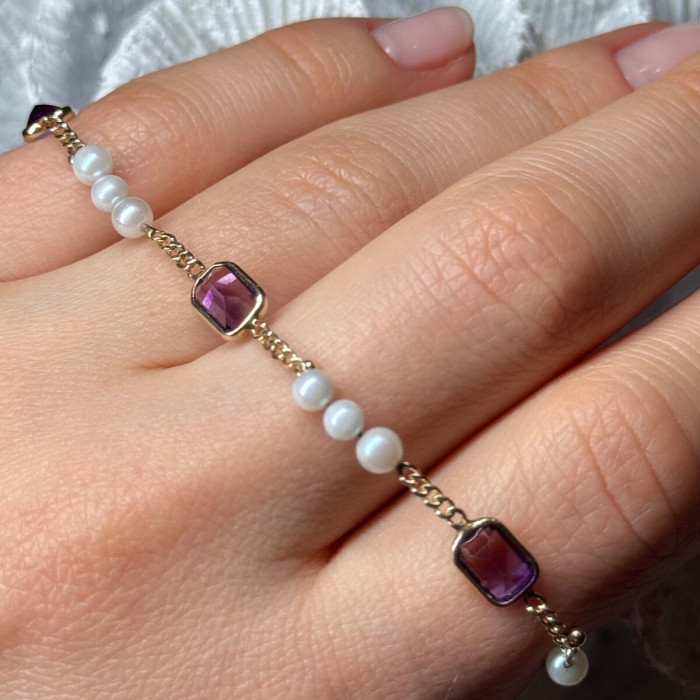 14K Yellow Gold Amethyst & Pearls Bracelet Length 7