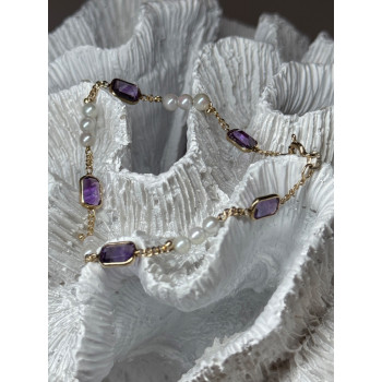 14K YELLOW GOLD AMETHYST & PEARLS BRACELET LENGTH 7