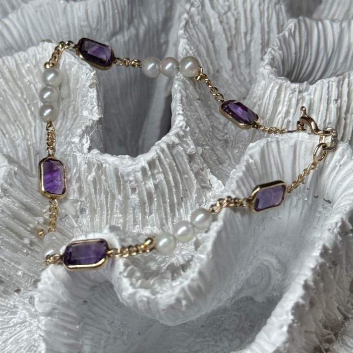 14K Yellow Gold Amethyst & Pearls Bracelet Length 7