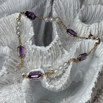 14K Yellow Gold Amethyst & Pearls Bracelet Length 7