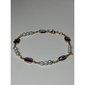 14K YELLOW GOLD AMETHYST & PEARLS BRACELET LENGTH 7