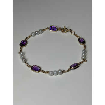 14K YELLOW GOLD AMETHYST & PEARLS BRACELET LENGTH 7