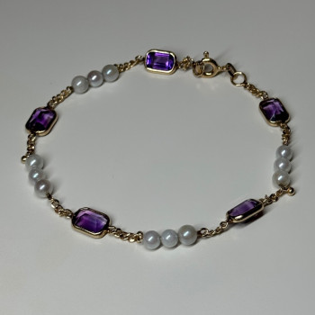 14K Yellow Gold Amethyst & Pearls Bracelet Length 7