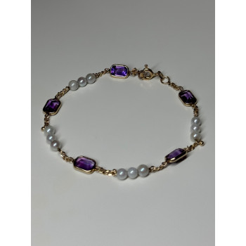 14K YELLOW GOLD AMETHYST & PEARLS BRACELET LENGTH 7